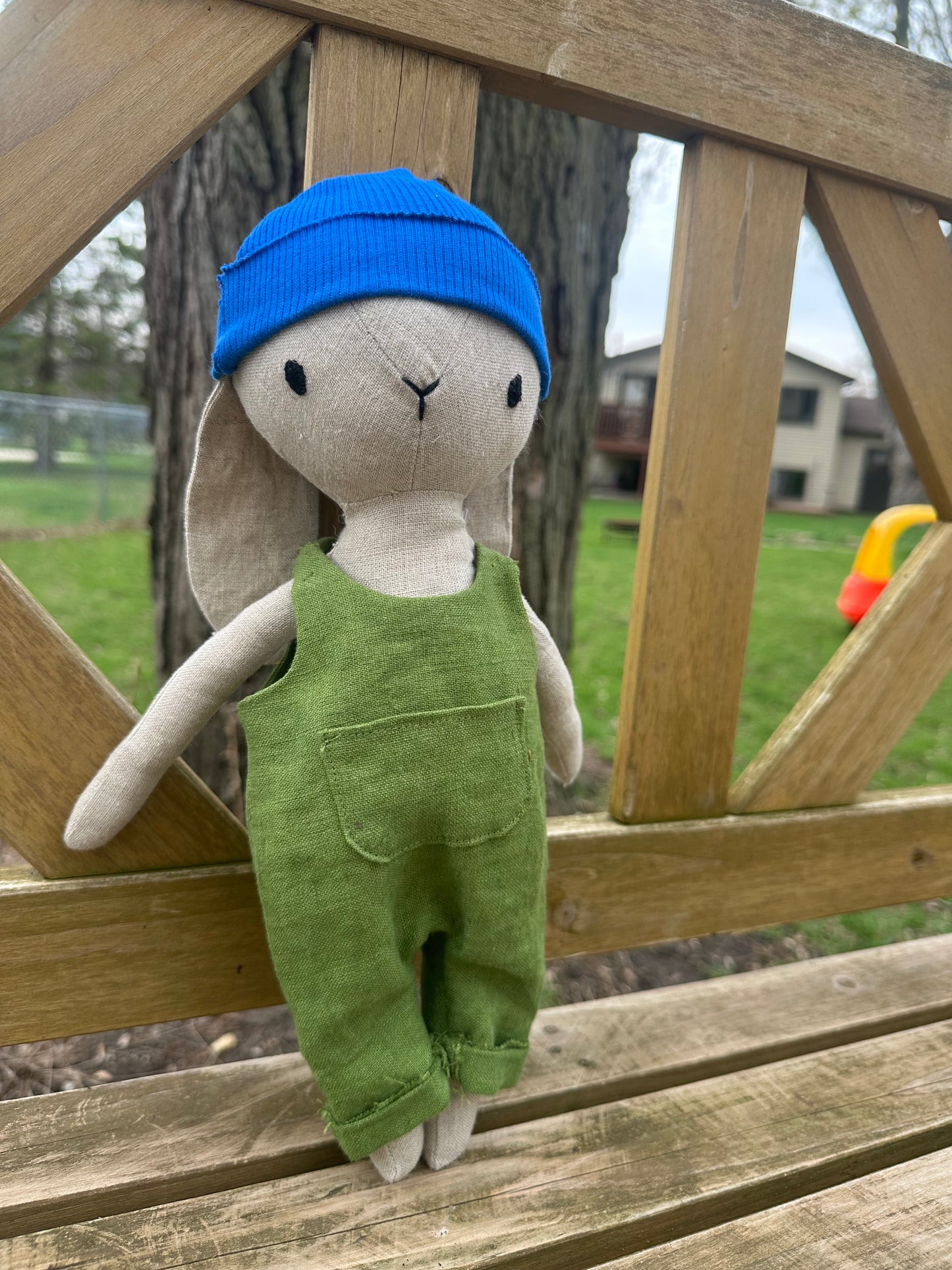 Linen Bunny Plushie w/ Removal Overalls and Beanie Hat | Stuffed Animal Gift | Easter Basket Stuffer