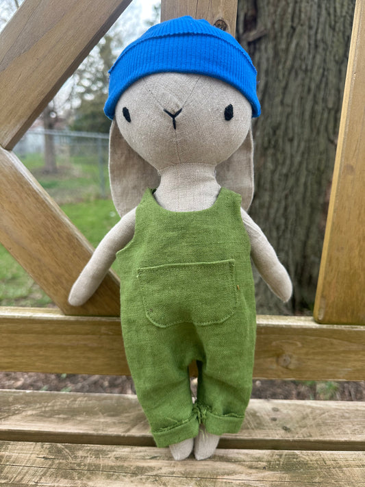 Linen Bunny Plushie w/ Removal Overalls and Beanie Hat | Stuffed Animal Gift | Easter Basket Stuffer