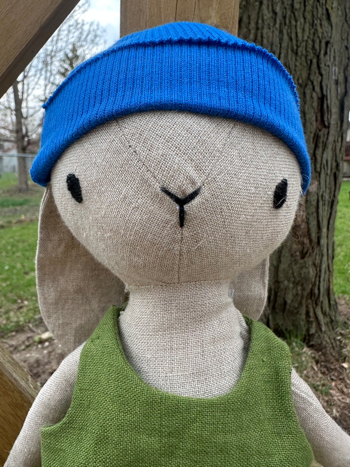 Linen Bunny Plushie w/ Removal Overalls and Beanie Hat | Stuffed Animal Gift | Easter Basket Stuffer
